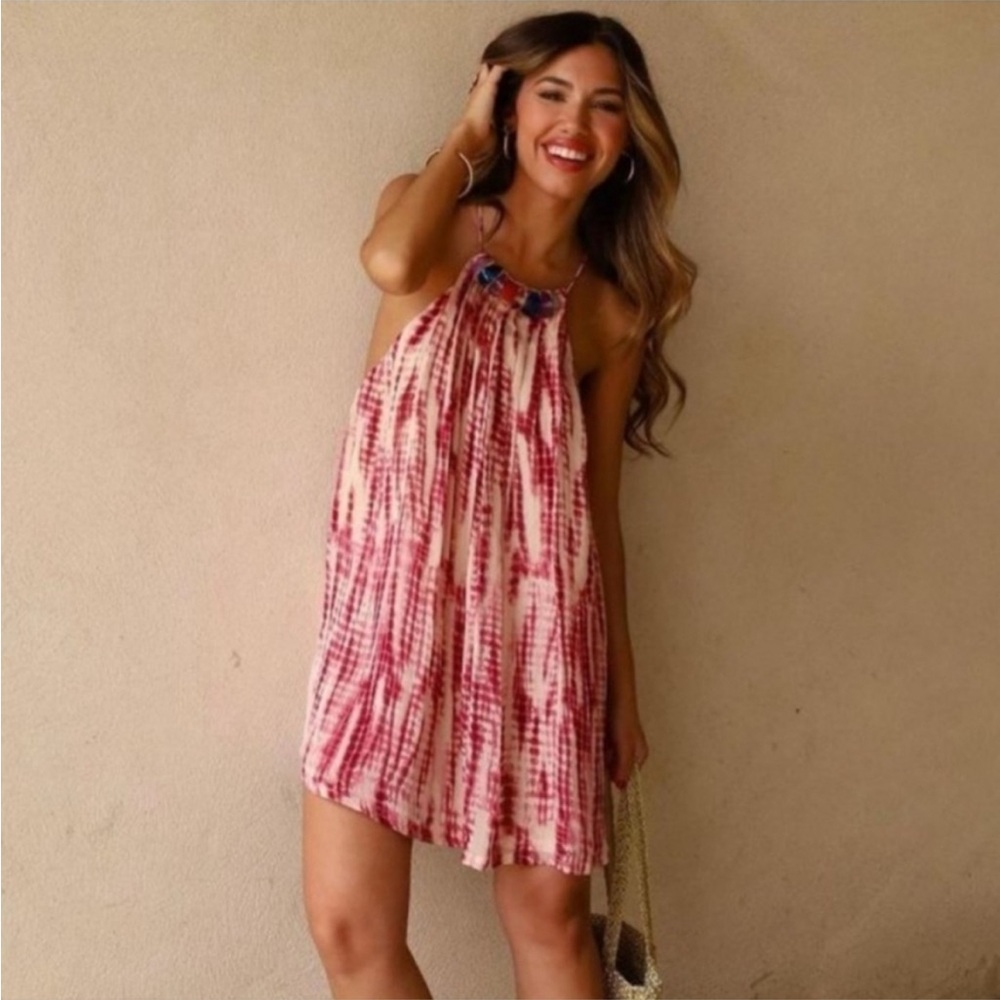 Zara Pink Tie Dye Bead Stones Mini Dress - Picture 2 of 7